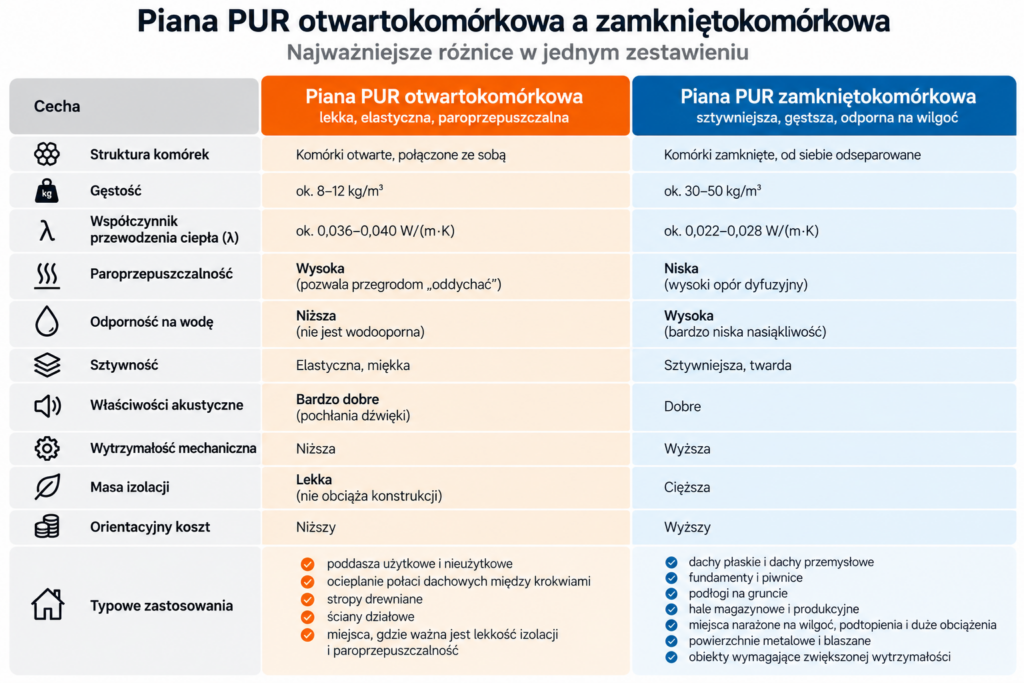 Tabela porównująca pianę PUR otwartokomórkową z pianą PUR zamkniętokomórkową